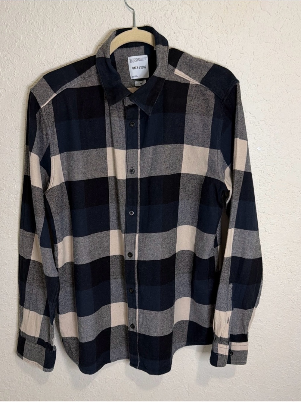 Only & Sons Men's Large Black Gray Flannel Plaid Western Shirt Fitted